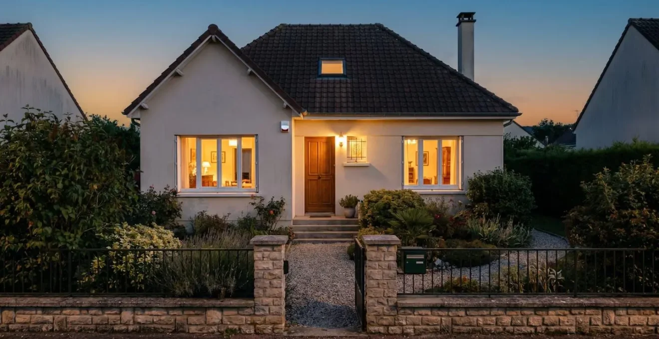 Vue extérieure d'un pavillon résidentiel au crépuscule, avec jardin clôturé et capteur de détection visible en façade