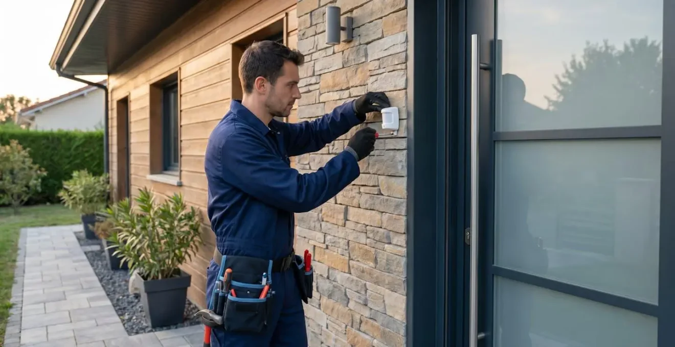 Technicien certifié installant un détecteur de mouvement dans l'entrée d'un pavillon résidentiel